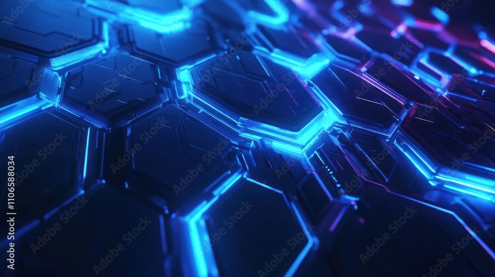 Poster a futuristic hexagonal pattern illuminated with blue and purple lights, suggesting a tech theme.