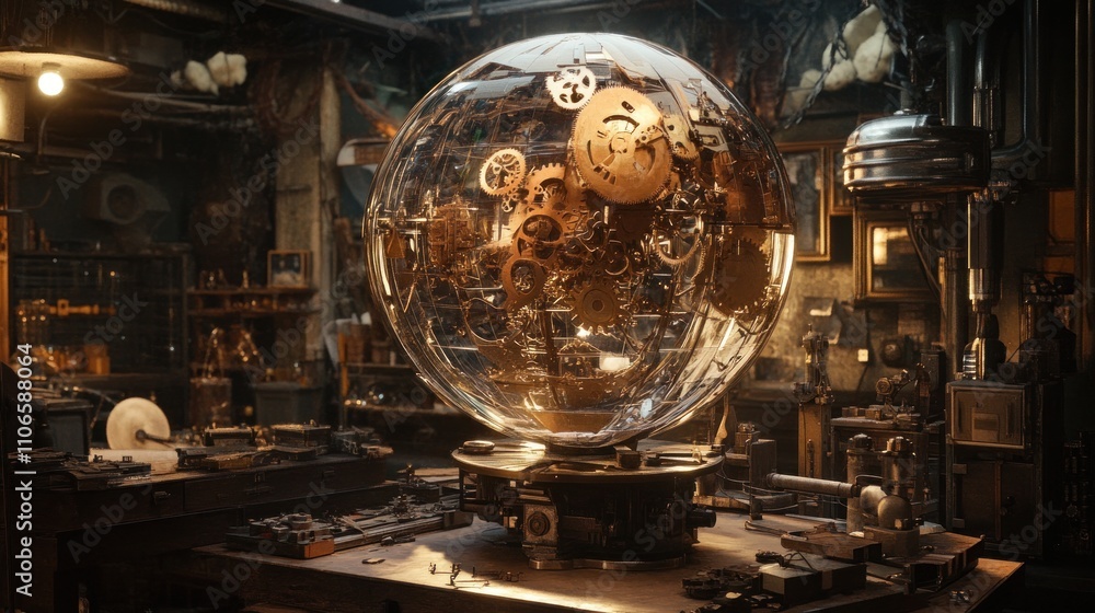 Poster a steampunk-inspired display featuring intricate gears within a glass orb.