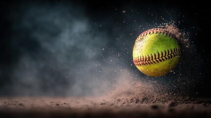 High-Speed Close-Up of a Yellow Softball in Motion with Dust Clouds for Sports and Athletic Themes in Dramatic Lighting and Dynamic Composition