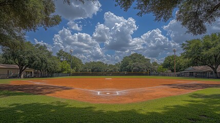 Serene Baseball Field Under a Blue Sky Filled with Fluffy Clouds Surrounded by Lush Green Trees and Well-Maintained Grass in a Tranquil Setting