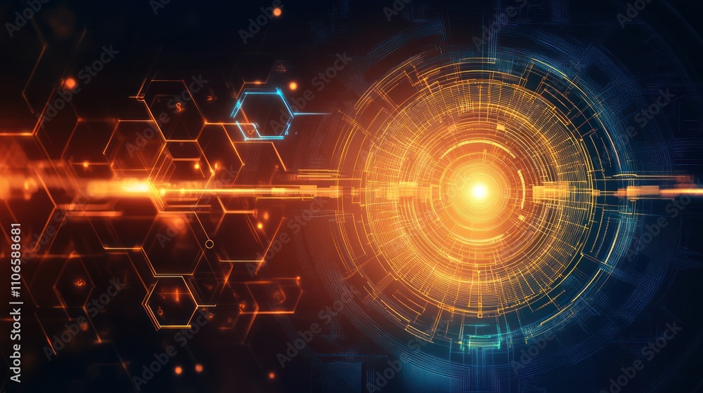 Poster abstract digital design featuring glowing hexagons and a central light source.