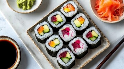 A colorful plate of vegetarian sushi rolls filled with avocado, cucumber, and pickled radish