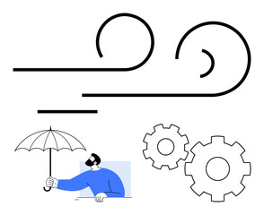 Person holding an umbrella facing strong wind, with nearby gears. Ideal for resilience, challenges, protection, problem-solving, engineering, overcoming adversity perseverance. Line metaphor