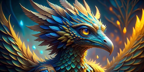 A Serene Azure and Gold Avian with Intricate Wing Detail and a Gleaming Yellow Eye