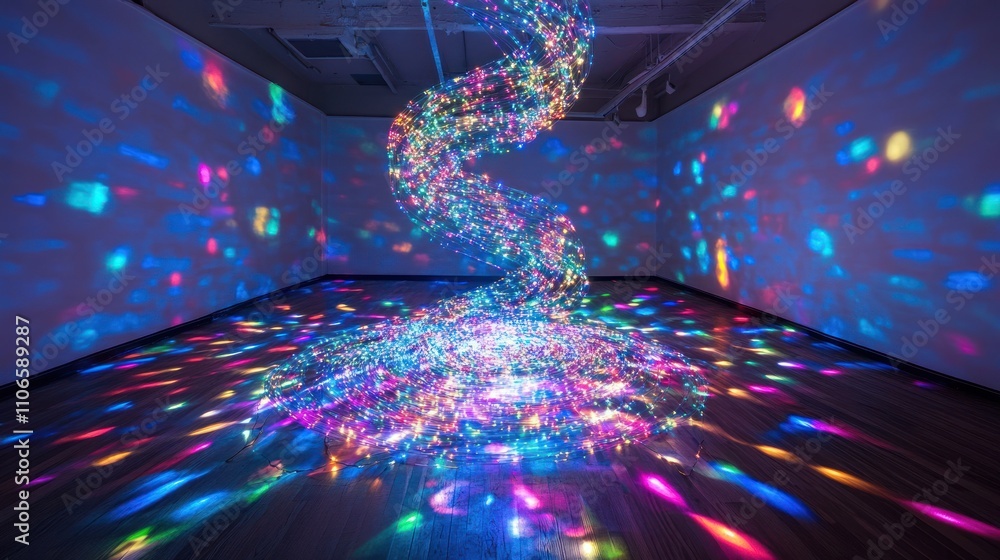 Poster a colorful light installation creating a mesmerizing spiral effect in a gallery space.