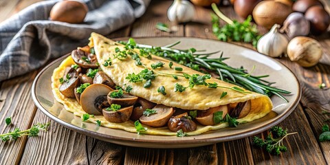 A golden omelette filled with savory mushrooms and fresh herbs rests on a rustic wooden table, inviting a delightful culinary experience.