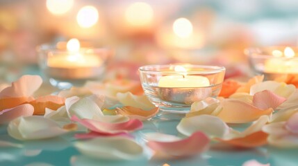 Soft pastel-colored flower petals scattered across the table, paired with small votive candles for an elegant touch.