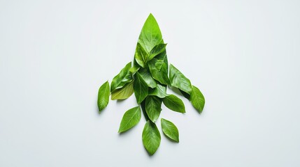 Fototapeta premium Minimalistic spaceship symbol creatively designed using green leaves in a collage style on a clean white background, blending nature and futuristic concepts.