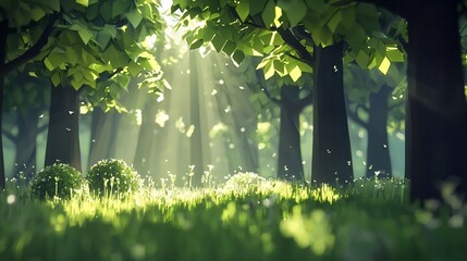 Sunbeams filtering through lush green forest.
