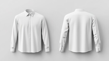 High-quality 3D mockup of a blank long-sleeve collared shirt, showcasing both front and back views. This plain shirt mockup features a minimalist design with crisp fabric textures and smooth folds, 