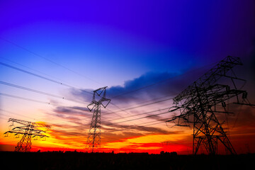 Pylon, high-voltage tower sky background.