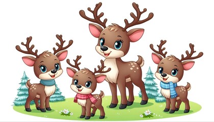 Fototapeta premium Cartoon, A mother reindeer with her young, Merry Christmas 