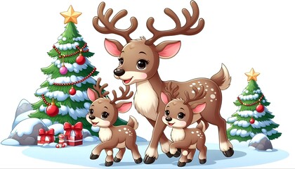 Fototapeta premium Cartoon, A mother reindeer with her young, Merry Christmas 
