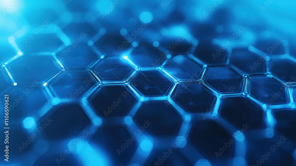 Poster close-up of a hexagonal pattern with a glowing blue hue, suggesting a technological theme.