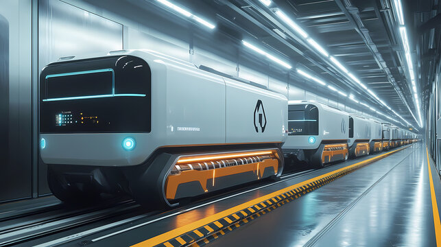 Futuristic cargo transportation and handling system featuring frictionless maglev technology quantum computers for efficient sorting predictive maintenance algorithms. Solarpunk. Illustration