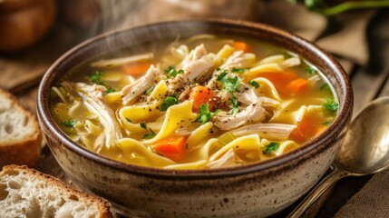 A comforting bowl of chicken noodle soup garnished with chopped parsley and a lemon wedge, Chicken noodle soup served in a ceramic bowl with steam rising delicately, Slices of crusty bread for dipping