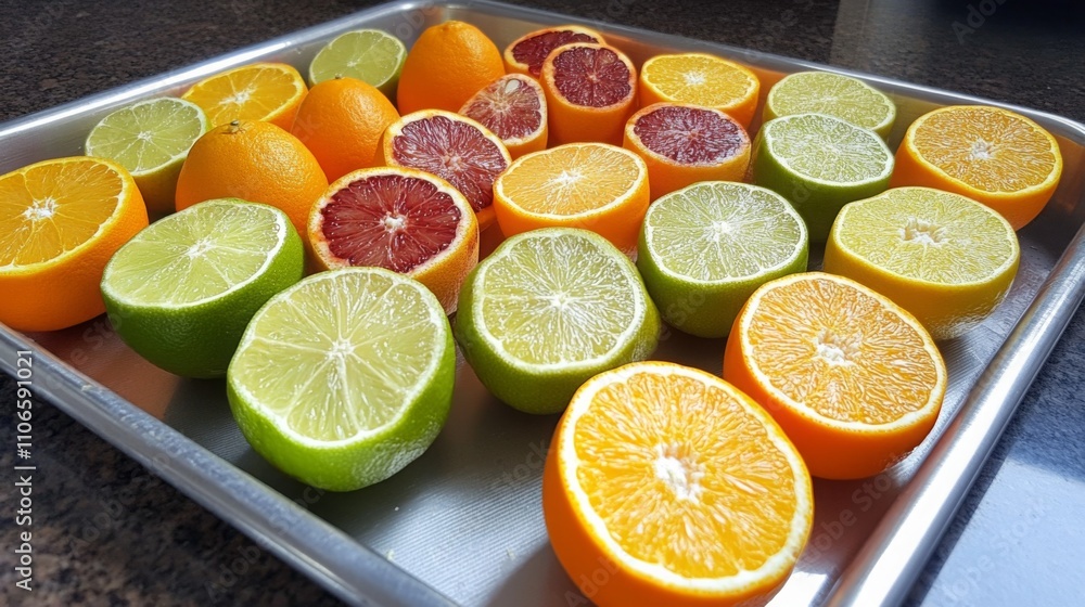 Aufkleber a variety of cut citrus fruits are neatly arranged on a metal tray, ready for juicing. colors range 