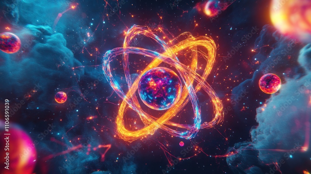 Aufkleber a vibrant depiction of atomic structure with colorful orbits and cosmic elements.