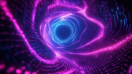A vibrant digital tunnel of swirling blue and pink lights, suggesting motion and depth.