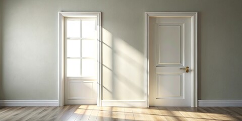 Fototapeta premium Sunlight streams through a window onto a wooden floor, illuminating a closed white door beside it, creating a minimalist yet inviting atmosphere.