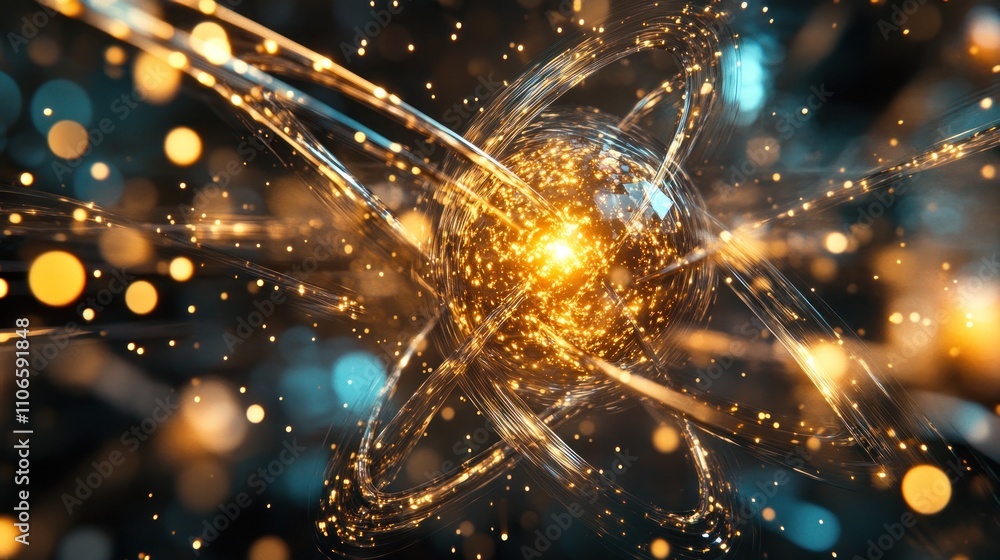 Aufkleber a dynamic representation of atomic energy and particles illuminated by glowing orbs.