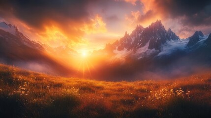 Naklejka premium A breathtaking sunset over majestic mountains and a vibrant meadow.