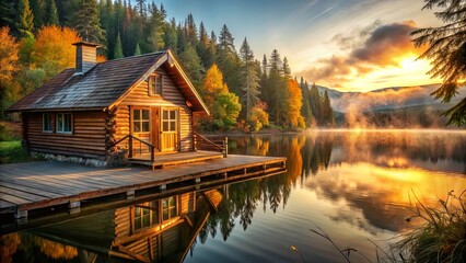 Fototapeta premium A solitary wooden cabin nestled on a tranquil lake, bathed in the warm glow of sunrise, with mist rising from the water and a backdrop of lush evergreen forest.