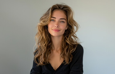 Fototapeta premium Her black attire, set against a white background, showcases a respectful and poised style ideal for formal settings.