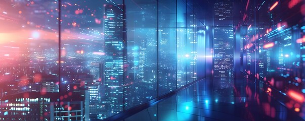 Obraz premium Night Cityscape Viewed From Modern Glass Building