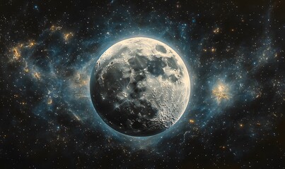 Fototapeta premium A panoramic image of the moon prominently displayed with a vivid starscape