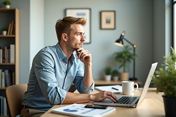Naklejka premium Dedicated male freelancer working remotely from home with a laptop in a cozy and stylish interior