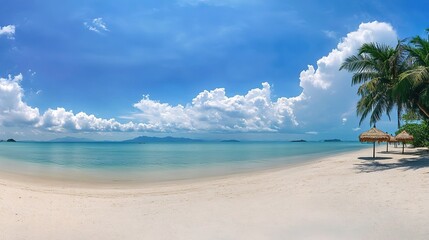 Fototapeta premium Panoramic view of a stunning tropical beach featuring pristine white sand, a turquoise ocean, and a vibrant blue sky dotted with clouds on a sunny day, framed by lush green palm trees and straw umbrel