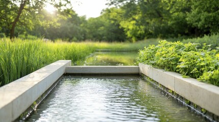 Fototapeta premium Water resource protection restoration featuring natural filtration systems, lush surroundings, soft sunlight, innovative design, sustainability focus