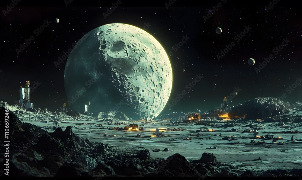 Poster an immersive panoramic view from the edge of the moon, extending into the boundless space