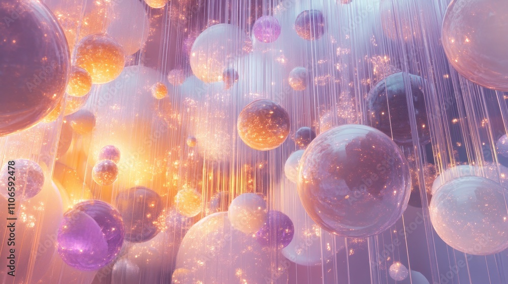 Poster abstract depiction of floating spheres with glowing effects in a vibrant atmosphere.