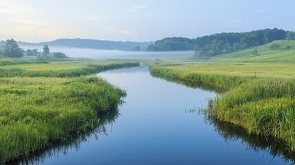 Water resource protection sustainability through conservation efforts, serene nature backdrop, soft morning light, harmonious composition