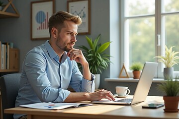 Home office productivity: Young man typing on a laptop while working remotely in a stylish home environment