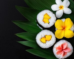 Colorful sushi rolls with mango filling are arranged on green leaves alongside vibrant tropical flowers.