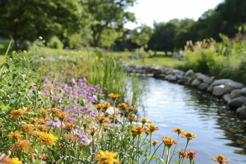 Obraz premium Water resource protection restoration through community garden initiatives, vibrant blooms and greenery, warm afternoons, joyful ambiance, active participation.