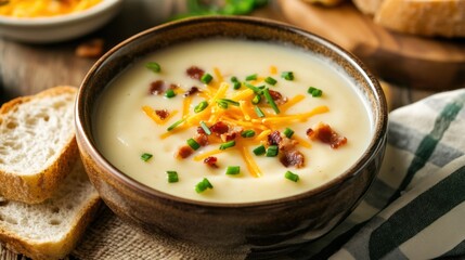 A comforting bowl of creamy potato soup garnished with chives and shredded cheddar cheese, Potato soup served in a ceramic bowl with steam rising delicately, Crispy bacon bits for extra flavor