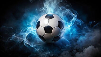Fototapeta premium A soccer ball encased in swirling blue smoke, a dramatic composition symbolizing the passion and energy of the sport.