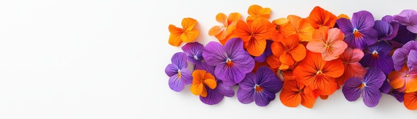 Obraz premium A vibrant assortment of purple, orange, and yellow flowers arranged beautifully against a white background.