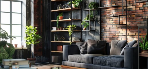 Industrial loft living room with exposed brick wall. large windows. and a comfortable sofa