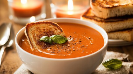 A comforting bowl of creamy tomato basil soup served with a grilled cheese sandwich, Soup bowl and sandwich centered, Warm candlelight creating a cozy ambiance