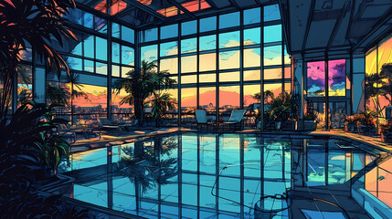 Modern glass solarium with a swimming pool, featuring solarpunk and cyberpunk elements, illustrated in marker and pen by prominent artists. Solarpunk. Illustration
