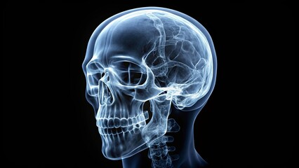 A translucent skull with intricate detail reveals the skeletal structure of the head and neck, casting a ghostly silhouette against a dark background.