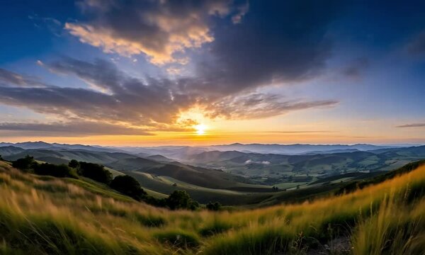 Sunlit Grasslands with Green Hills and Mountains
