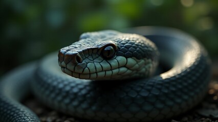 Obraz premium A captivating close-up of a snake, showcasing the intricate textures of its scales, sharp eyes, and graceful form, conveying its sleek beauty and natural elegance.