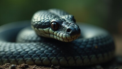 Obraz premium A captivating close-up of a snake, showcasing the intricate textures of its scales, sharp eyes, and graceful form, conveying its sleek beauty and natural elegance.