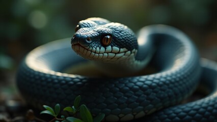Fototapeta premium A captivating close-up of a snake, showcasing the intricate textures of its scales, sharp eyes, and graceful form, conveying its sleek beauty and natural elegance.